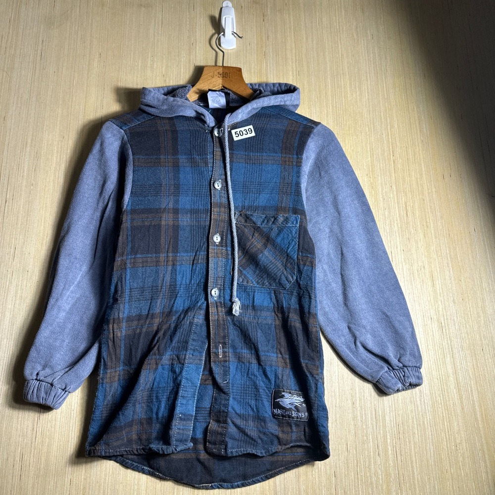 Vintage Maui and Sons Hooded Flannel Shirt Kids Small Blue 90s Plaid Mixed Media - Picture 2 of 12